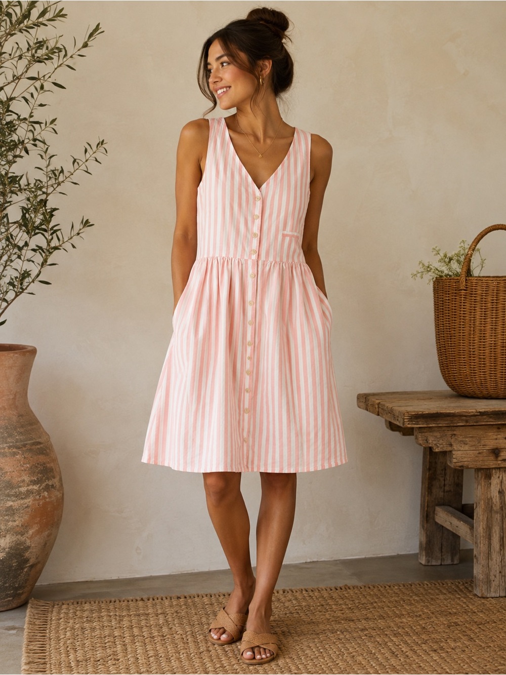 Vintage Lands' End Striped Button-Front Cotton Sundress | Size Petite 6